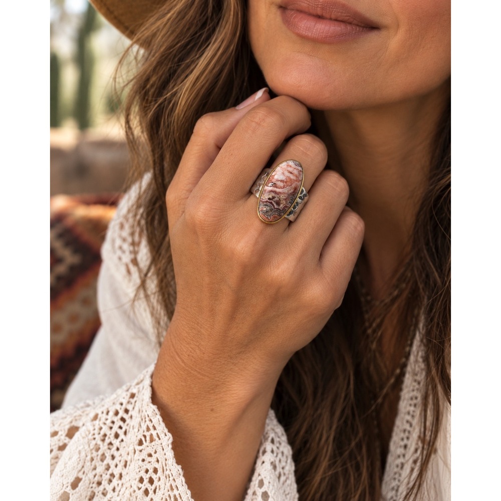 YS India 925 Sterling Silver Gold Pink Crazy Lace Agate Ring Size 7 Boho